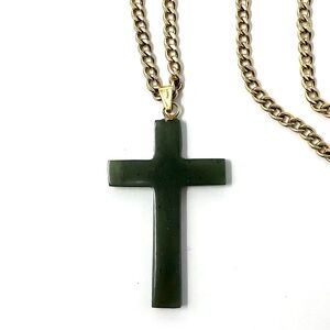 Vintage green jade cross pendant on gold tone chain